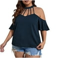 thumbnail image 4 of Olyvenn Stylish Women's Plus Size Cold Shoulder Halter Blouse Cut Out Ruffle Short Sleeve Shirt Tops Loose Casual Oversized Blouse Navy XXL, 4 of 8