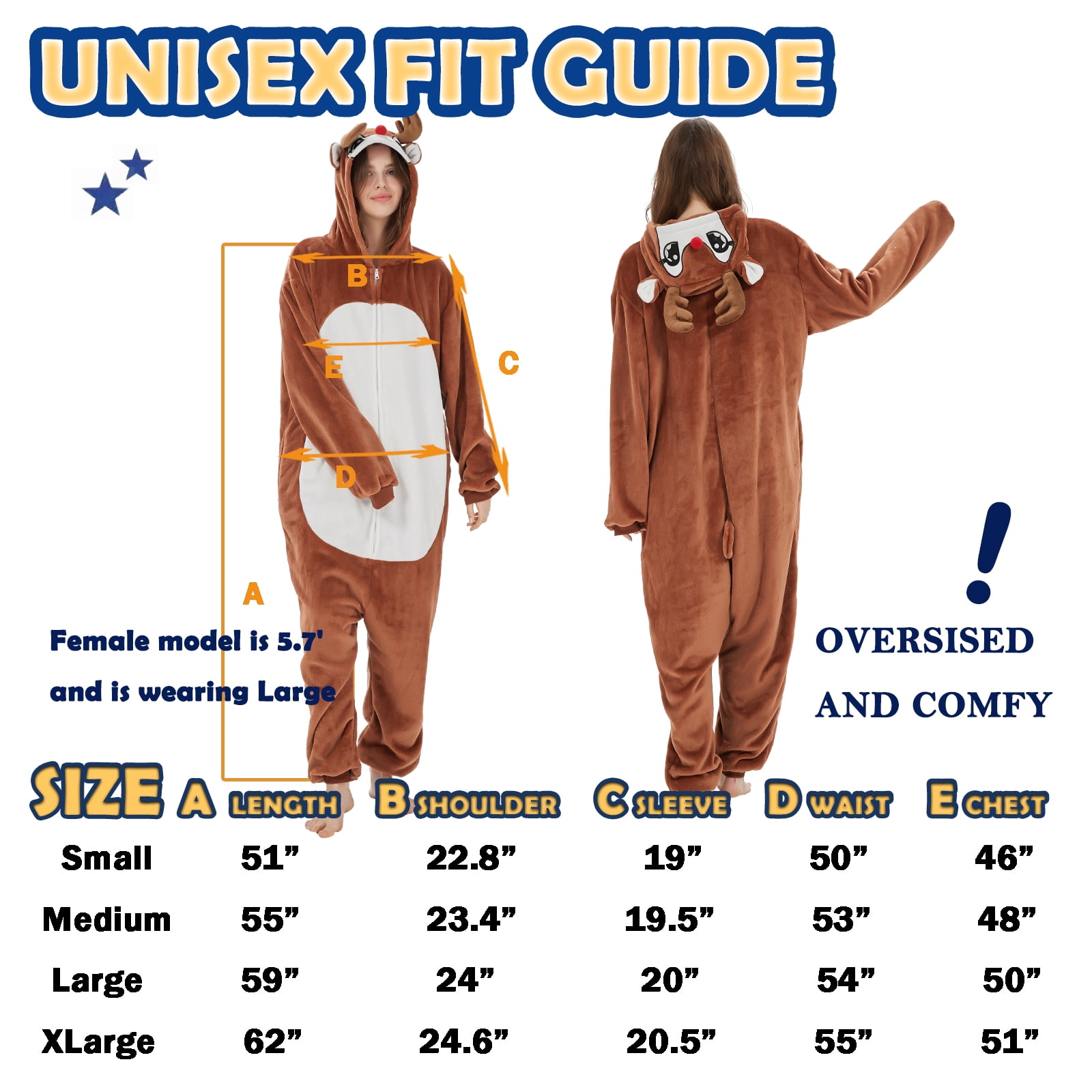 SWEETXIN Adult Christmas Reindeer Unisex Onesie Pajamas Halloween Cosplay Costume Suit for Women and Men SizeXL