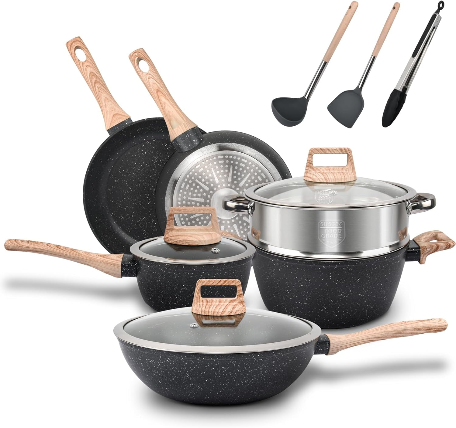 12Pcs Pots and Pans Set with Lids, Non-Stick Cookware Set, Granite Induction Cooking Set with Frying Pans, Saucepans, Steamer Silicone Shovel Spoon & Tongs - Black