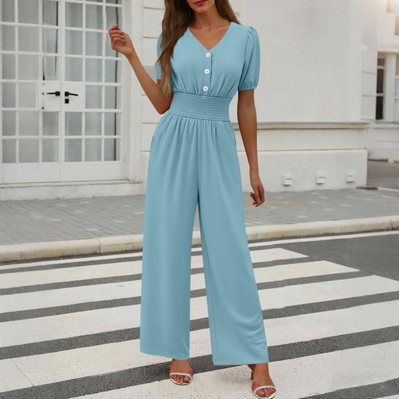 Xdegoge Elegant Jumpsuits for Women Elastic Waisted Overalls Short Sleeve V Neck Wide Leg Pants Romper Casual Loose 2026 Summer One Piece Outfits