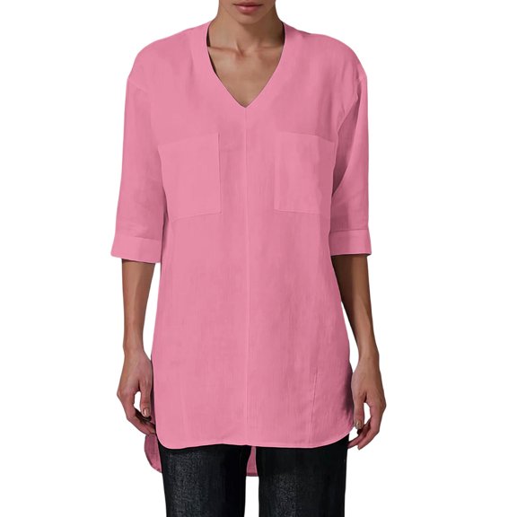 Vivianyo HD Women's V Neck Patch Pocket Tunic Shirt, Cuffed Three Quarter Sleeve Long Line Blouse for Women, Fall Oversized Long Top for Casual Errands and Weekend Trips, Sizes S-3XL
