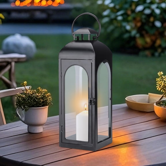16 Inch Black Metal Candle Lantern,Vintage Decorative Hanging/Tabletop Lantern,Black Metal Lantern,for Patio, Porch & Indoor Home Decor