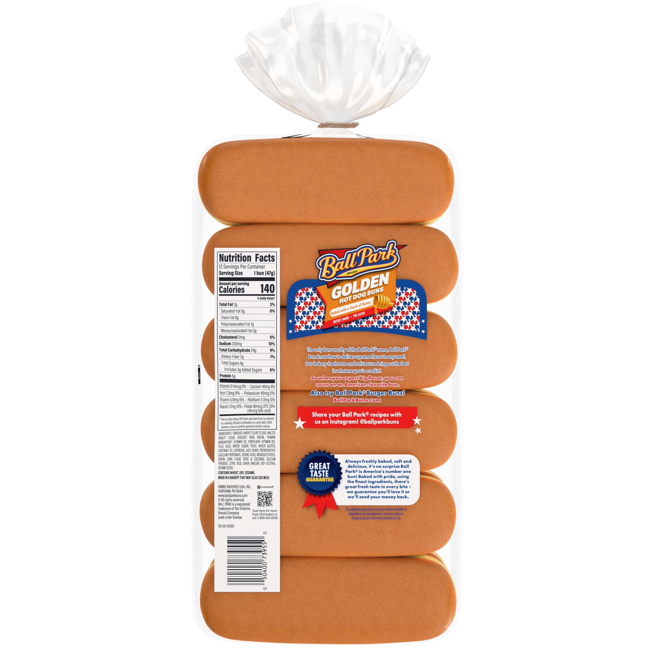 Ball Park Golden Hot Dog Buns, 12 count, Honey Pre-sliced Hot Dog Buns, 20 oz Bag