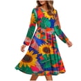 thumbnail image 2 of Gamivast Summer Dresses for Women Long Sleeve Round Neck Tropical Maxi Dress Hibiscus Floral Print Swing Dress High Waist Flowy Long Dress Beach Holiday, 2 of 6