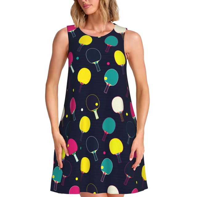 Easygdp Colorful Ping Pong Rackets para Vestido Transpirable de Mujer, Vestido Suelto de Manga Corta con Pliegues y Bolsillos para el Verano