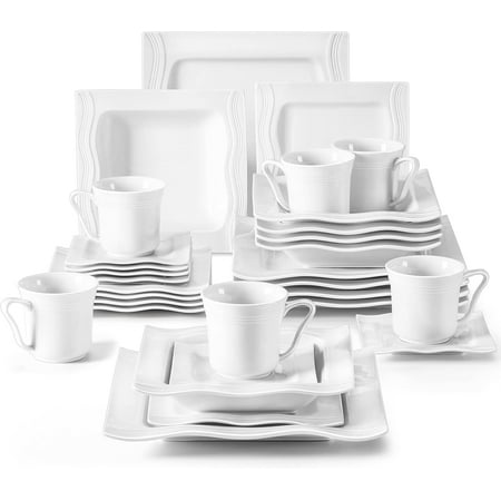 30 Pieces Dinnerware Sets, Modern Ivory White Plates and Bowls Sets for 6, Porcelain Dish Set with Dinner Plate, Dessert Plate, Soup Plate, Cup and Saucer, Square Dishware Set, Series Mario