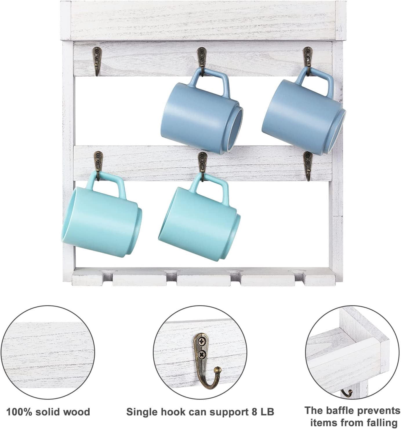 Wall Mounted Wine Glass and Coffee Mug Storage Rack Shelf with 6 Metal Hooks, Gray White