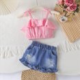 thumbnail image 6 of kaprioy Toddler Girl Clothes Toddler Baby Girl Summer Outfit 9 12 18 24 Months 2T 3T Bow Tie Strap Suspender Top Fringed Denim Shorts Cute 2 Pcs Clothes Set, 6 of 7