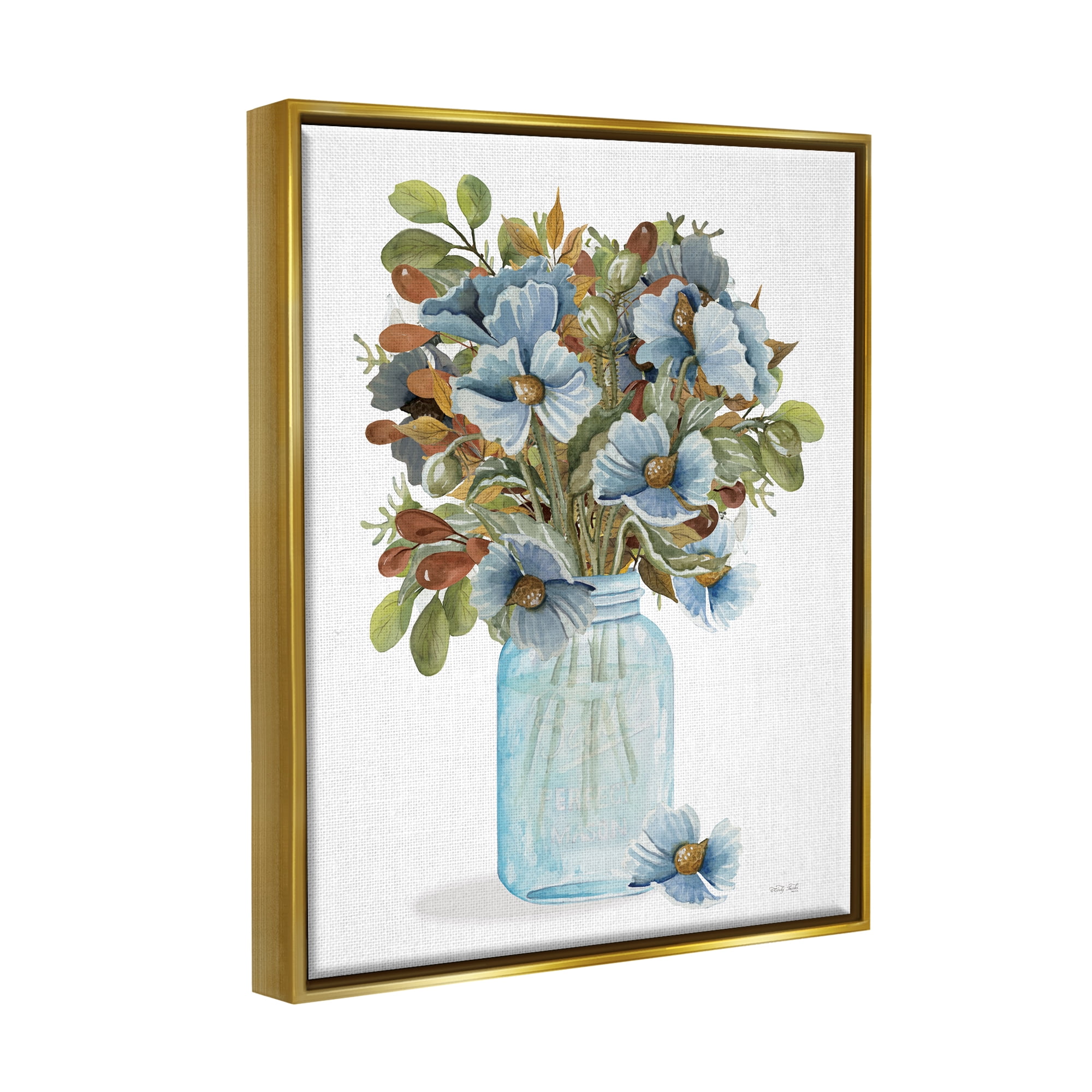 Stupell Blue Blooming Floral Bouquet Botanical & Floral Painting Gold Floater Framed Art Print Wall Art