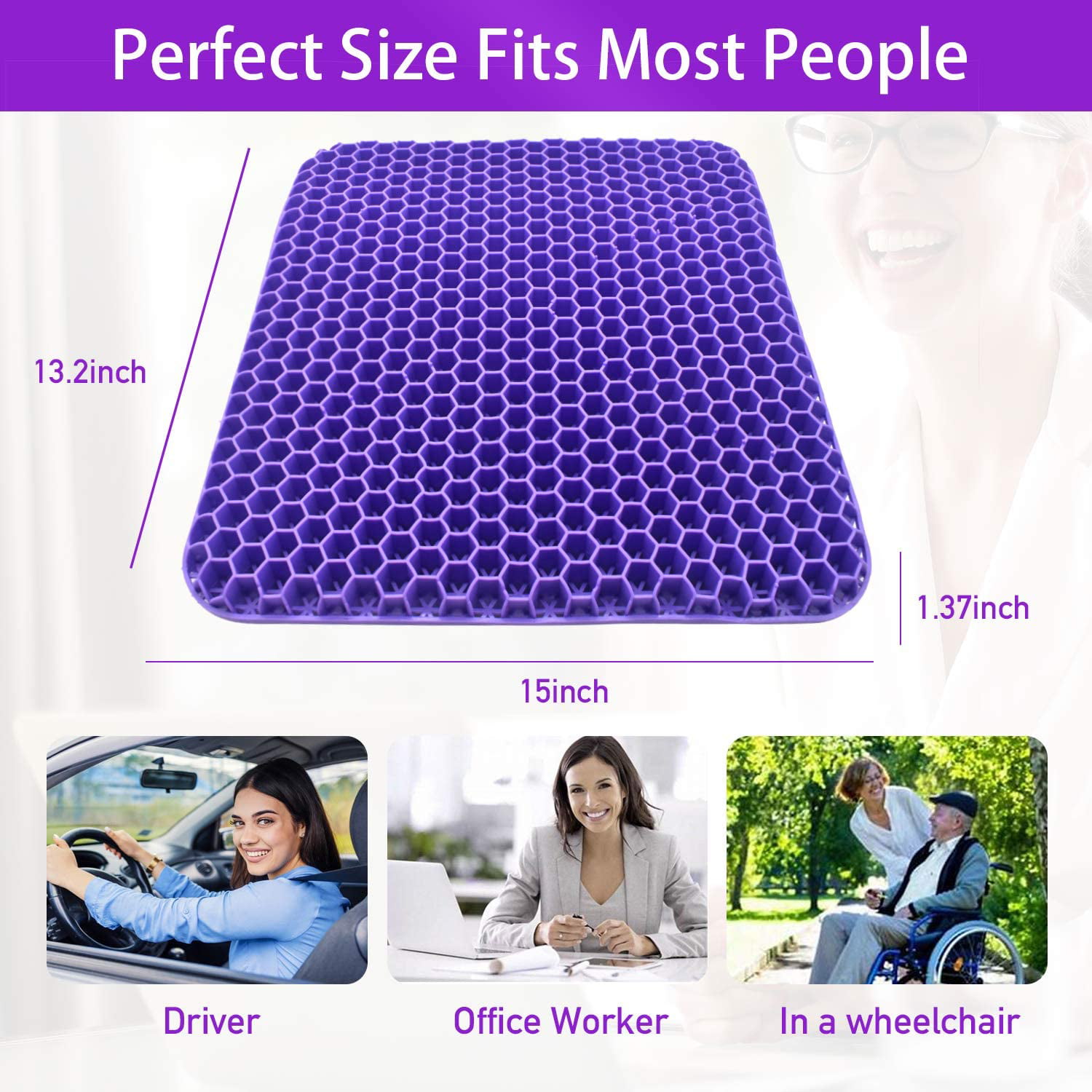 Purple Gel Original Low-Profile Seat Cushion With Washable Black Cover -  17.25 X 15.25 X 1.25 Inch
