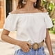 thumbnail image 2 of Top de verano para mujer, Top informal holgado con hombros descubiertos y manga corta con ribete de volantes para mujer, 2 of 6