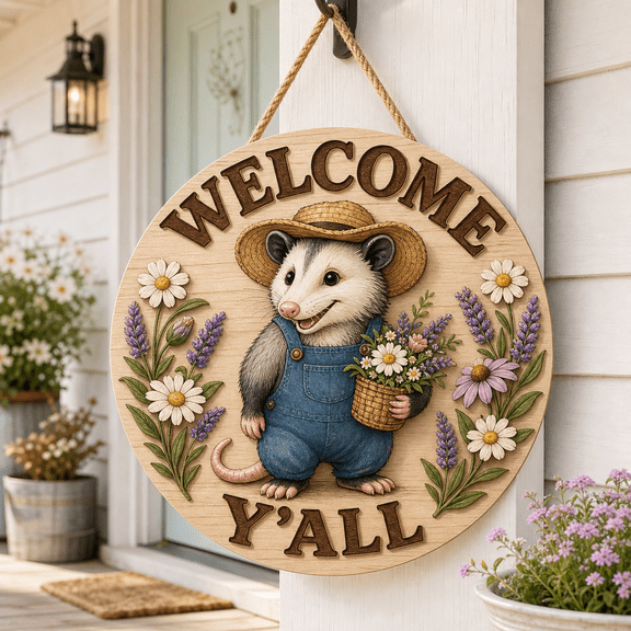 Possum Welcome Wooden Door Sign for Farmhouse Front Porch Entryway Decor