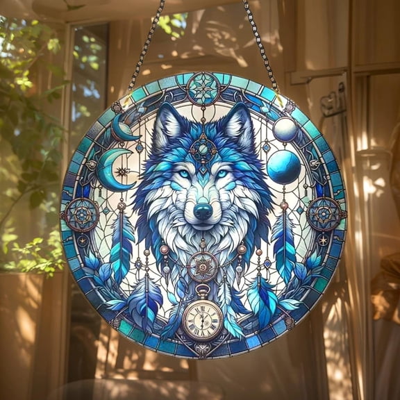 Blue Wolf Dreamcatcher Stained Glass Suncatcher Window Hanging Decor, Mystical Celestial Boho Accent, Spiritual Gift for Nature Lovers