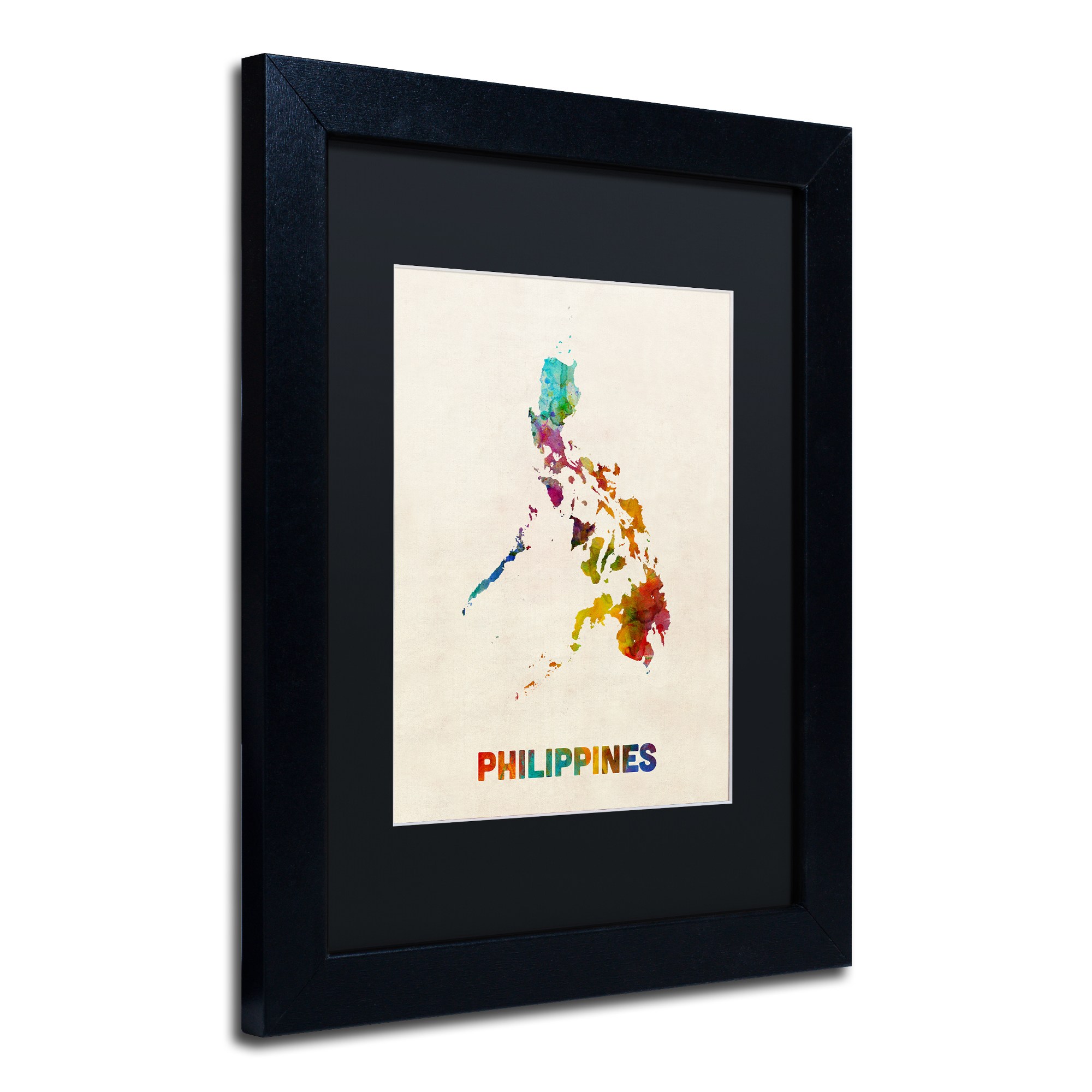 Trademark Fine Art "Philippines Watercolor Map" Canvas Art by Michael Tompsett, Black Matte, Black Frame