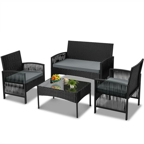 Clearance Patio Furniture Set, Segmart 4 Pieces Rattan Sofa Set Cushioned Sofa & Charis, Deck Porch Poolside Furniture Conversation Set for 4, Gray