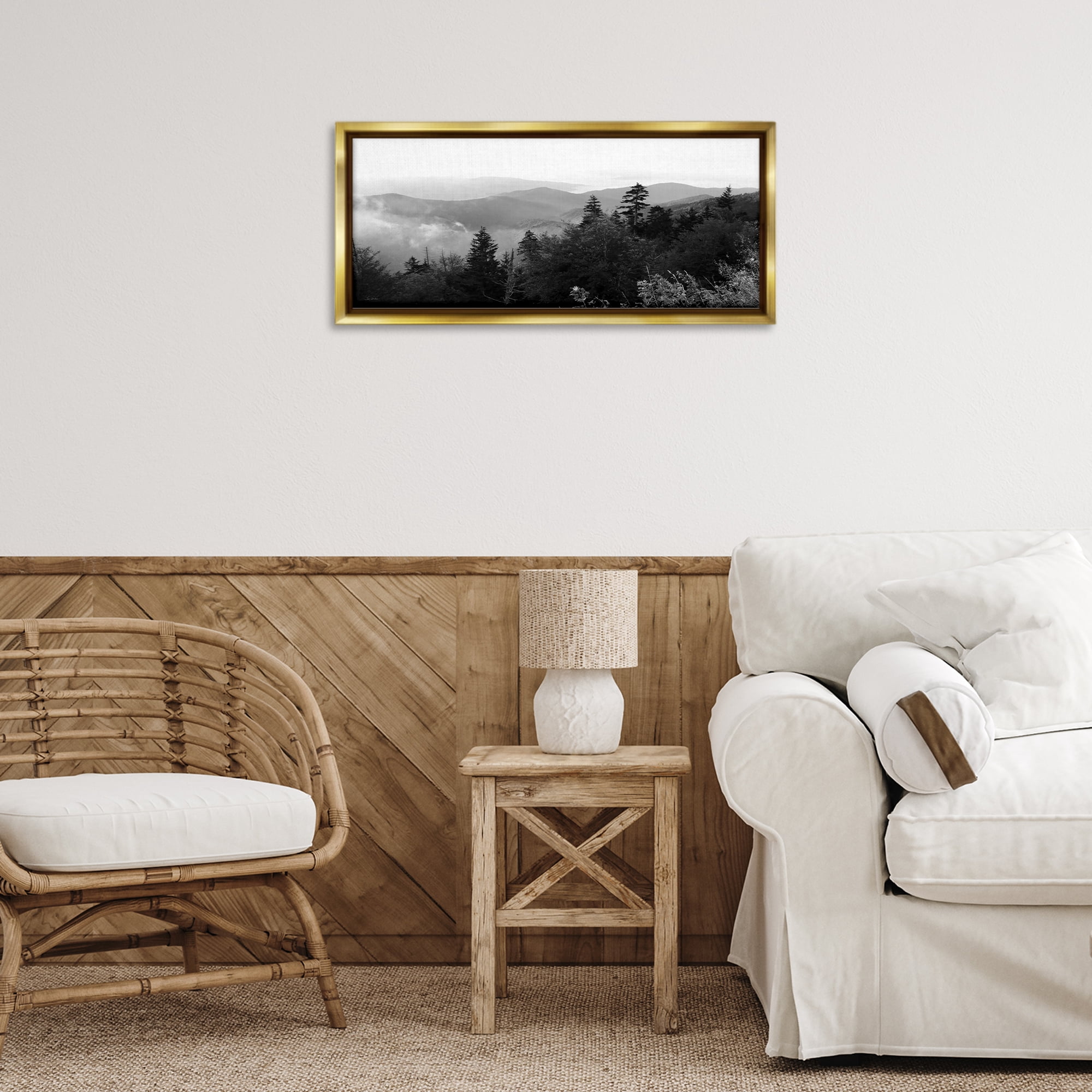 Stupell Industries Mountainous Trees Horizon Landscape & Nature Photography Gold Floater Framed Canvas Art Print Wall Art, 25 x 11