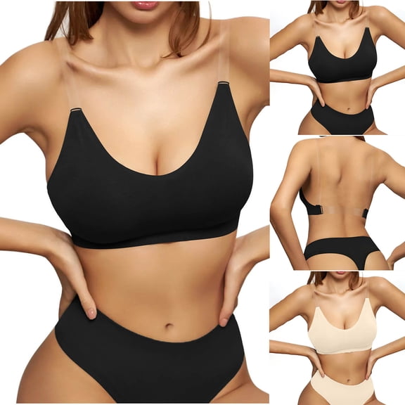 Abtuhar Women Plus Size Solid Clear Strap Fixed Cup Back Bras