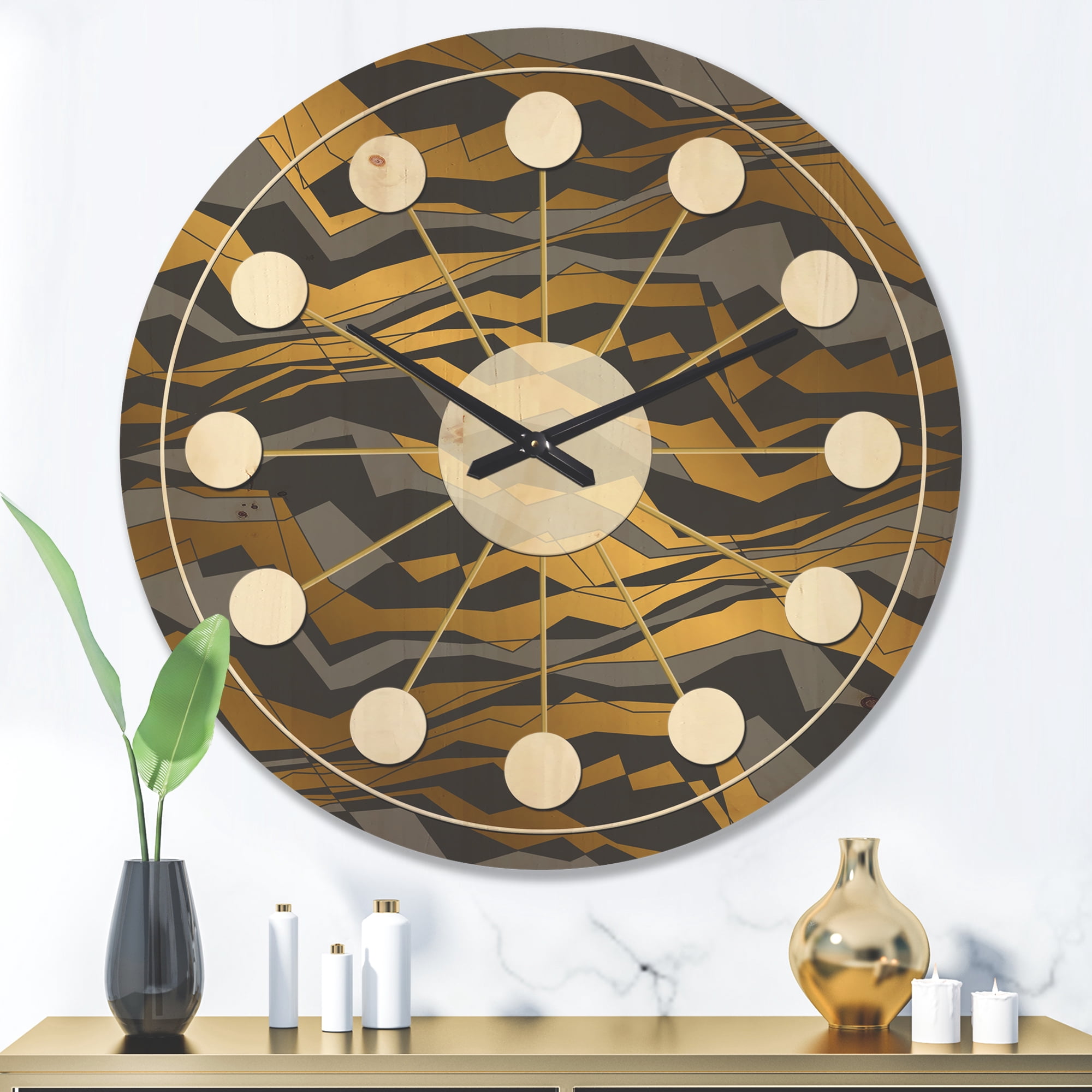 Designart 'Waves Pattern and Angled lines' Mid-Century Modern Wood Wall Clock
