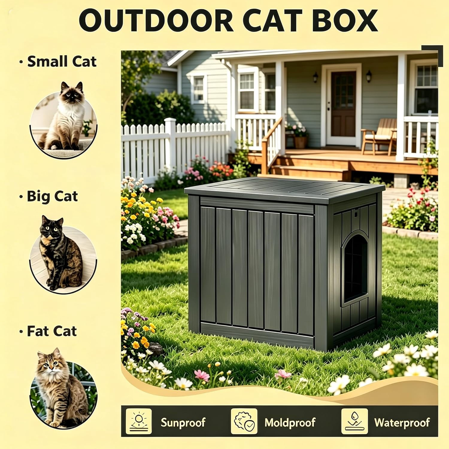 Outdoor Cat House Weatherproof - Premium Resin Cat Shelter for Outdoor/Indoor Cats, Spacious Feral Cat House with Easy Assembly, Stylish Design for Garden, Patio & Backyard，Black