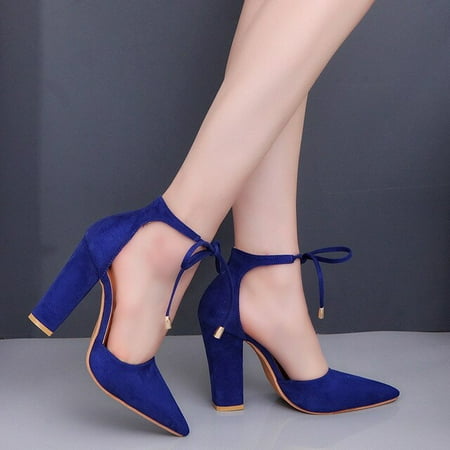 

Sexy Pointed Toe Ladies Shoes Square High Heels Lace Up Women Pumps 2020 Wedding Strap Blue Woman Shoes Zapatos Mujer Size 43