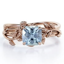 JeenMata Leaf Pattern 1 Carat Cushion Cut Bright Blue Created Aquamarine Solitaire Bridal Set in 18K Rose Gold Plating over Silver