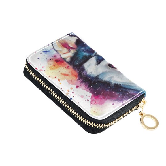 Leather Zipper Card Bag 4.7x3.1x0.8Inch Women's Card Bag Coin Purse Credit Card Bag Bank Card Bag Business Card Bag Coin Bag Cute Husky