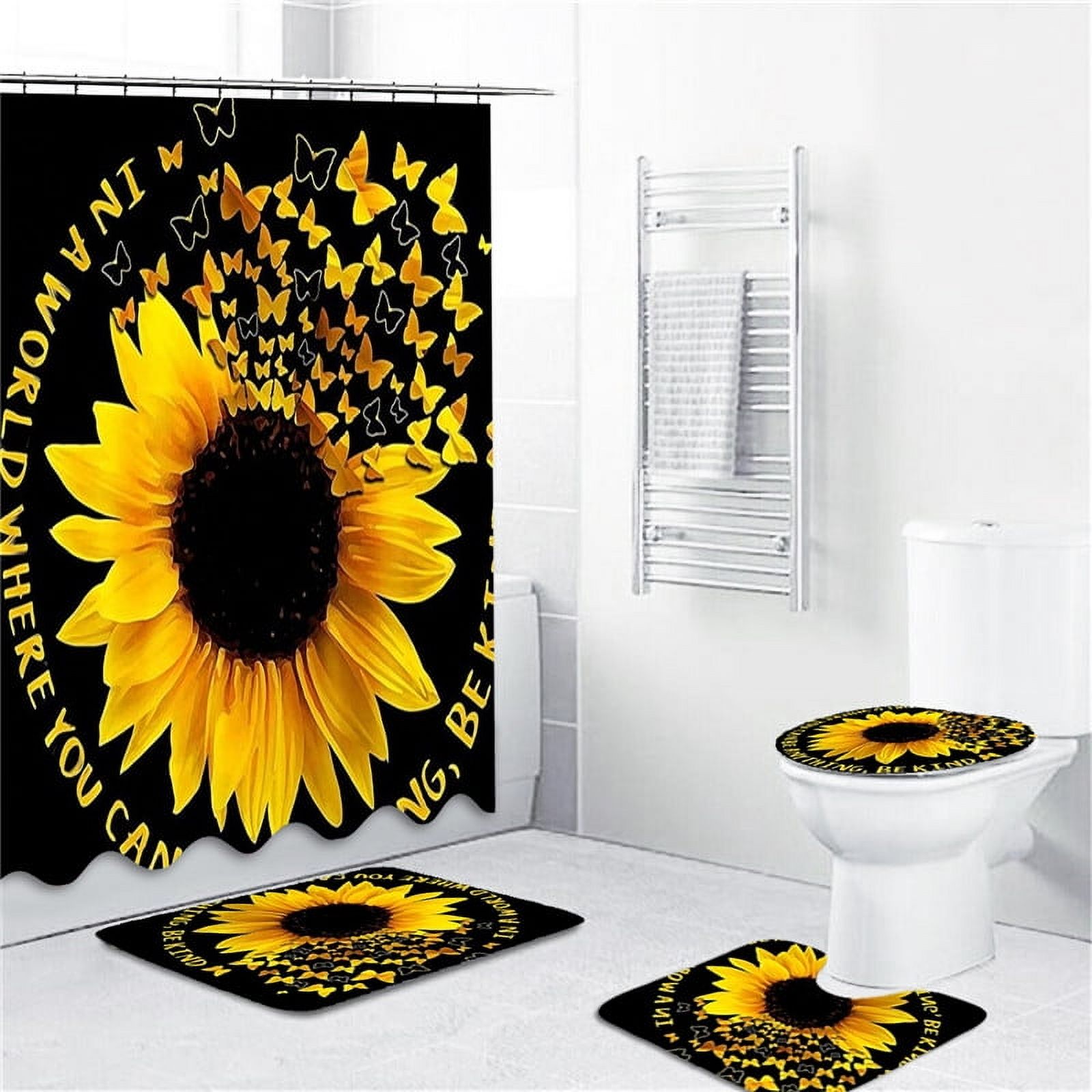 BSHAPPLUS 4pcs Bathroom Sets Sunflower Shower Curtain Sets Waterproof Fabric Shower Curtain with 12 Hooks,Bathroom Decor Shower Curtain and Rug Set Non-Slip Rug,Toilet Lid Cover and Bath Mat