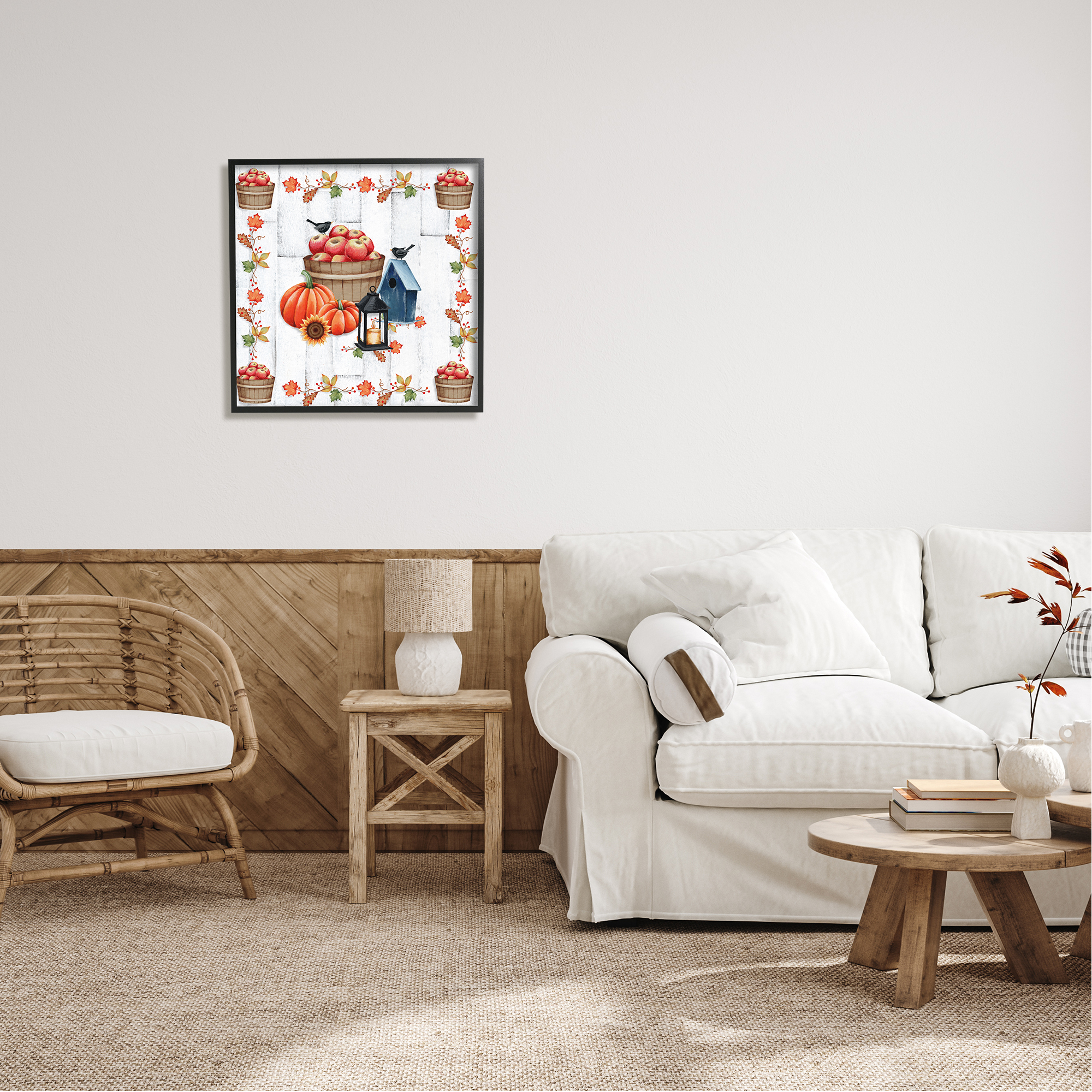 Stupell Industries Autumnal Apples & Lantern Holiday Painting Black Framed Art Print Wall Art, 24 x 24