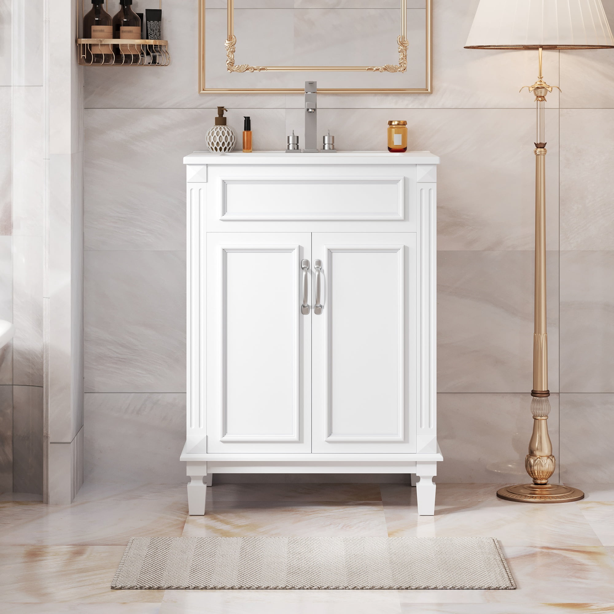 Euroco 24'' Bathroom Vanity with Top Sink, Modern Bathroom Storage Cabinet with 2 Soft-Closing Doors and Adjustable Shelf, Solid Wood Frame