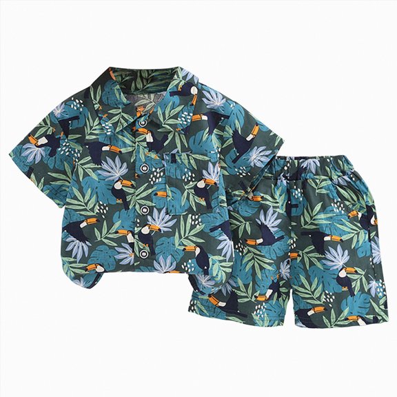 CAICJ98 Toddler Boy Short Sets Floral Hawaiian Outfits Short Sleeve Button-Front Shirt and Shorts Set Kids Casual Summer Clothes (Green,3-4 Years)
