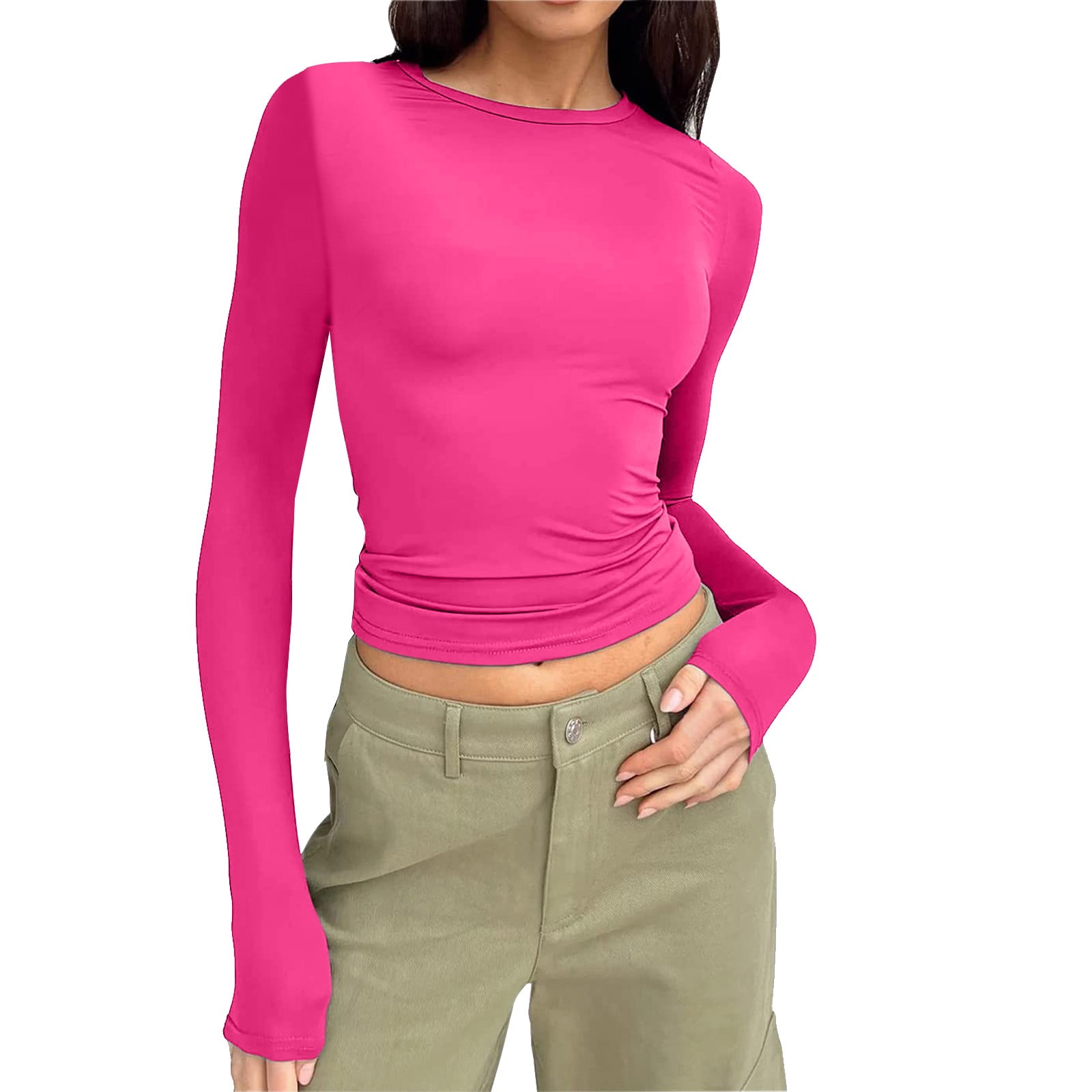 Camiseta De Manga Larga Mujer Con Pliegues En El Pecho - Tela 95% Algodón, Cuello Redondo | Básica Elegante Para Diario
