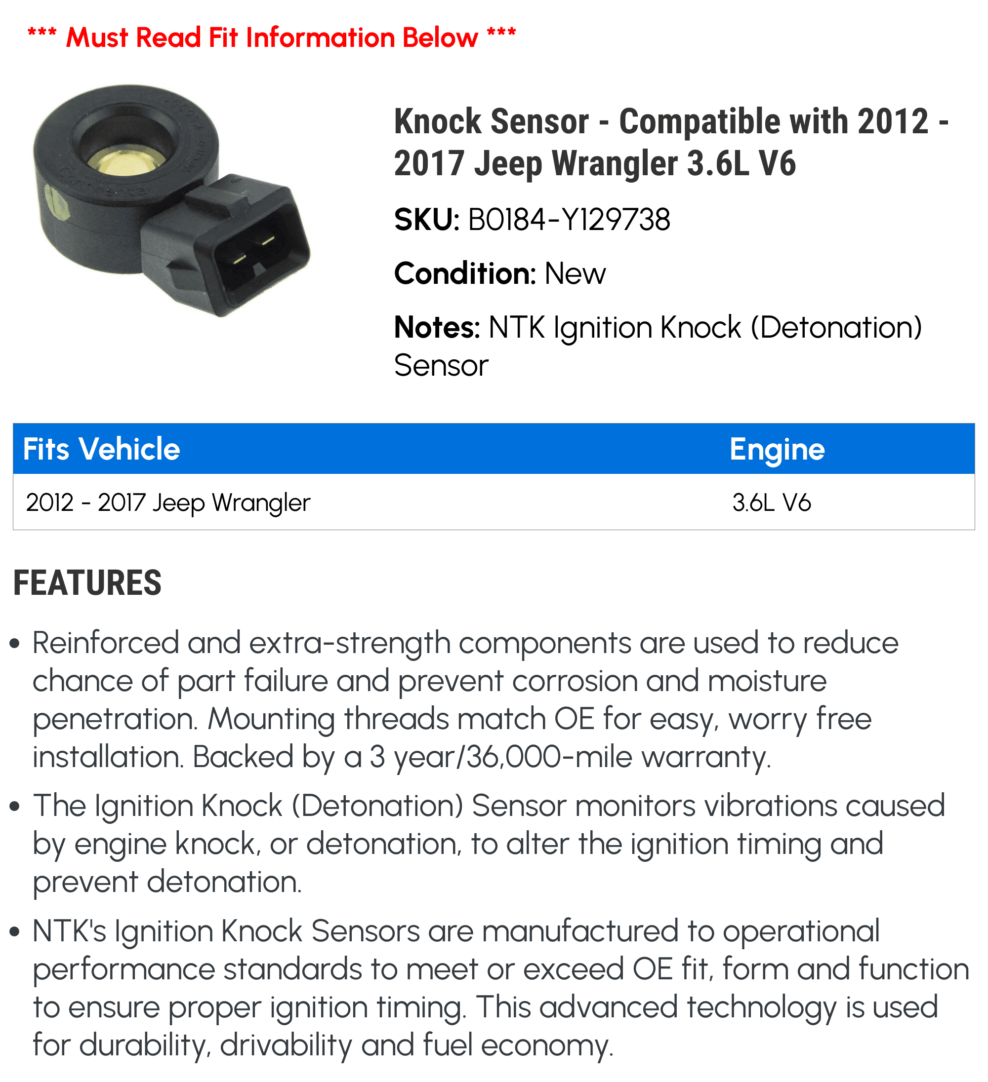 Knock Sensor - Compatible with 2012 - 2017 Jeep Wrangler 3.6L V6 2013 2014 2015 2016
