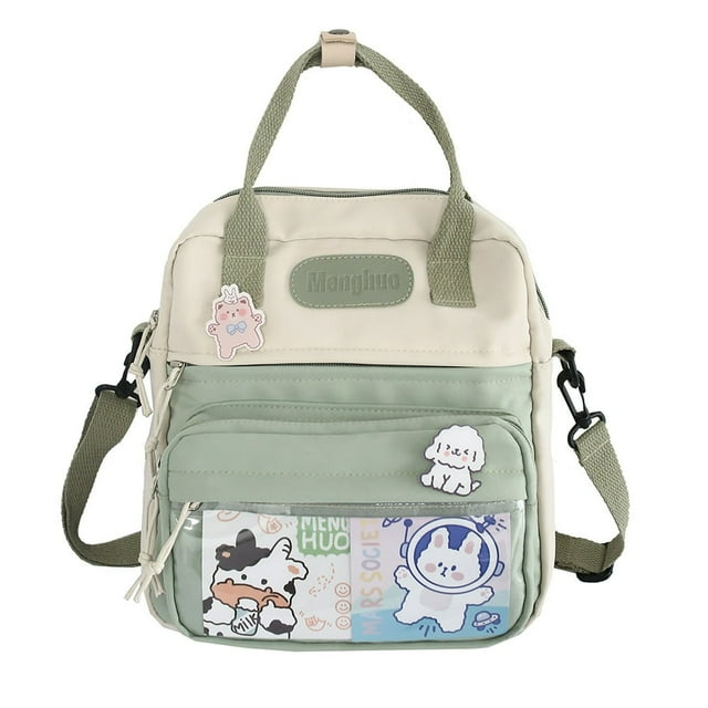 Women Nylon PVC Backpack Lady Zipper Contrast Color Shoulder Bag (Green)