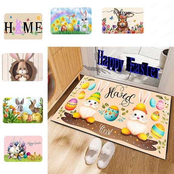 LSLJS Easter Door Mat Spring Bunny Eggs Tulip Floral Non-Slip Welcome Door Mat, Easter Doormat Gifts for Home Farmhouse Entrance Porch Spring Party Indoor & Outdoor, Easter Decorations
