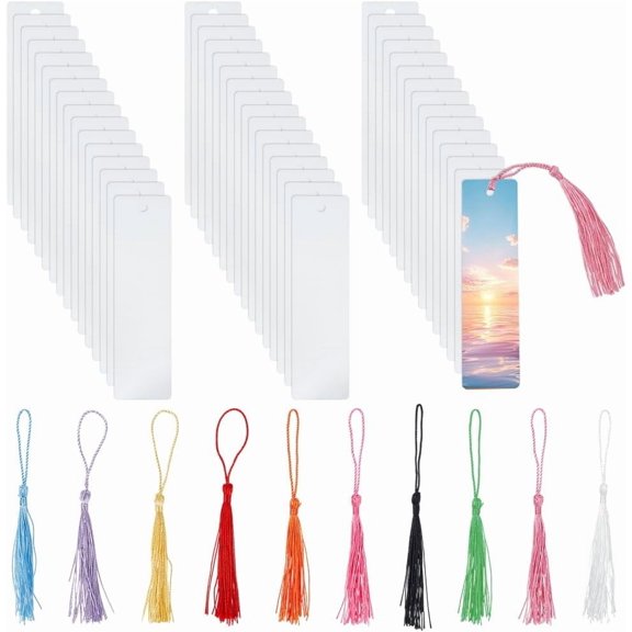 50Pcs Sublimation Blank Bookmark Heat Transfer Metal Bookmarks Personalized Tassels Blank Bookmarks Bulk DIY Bookmark with Hole and Colorful Tassels