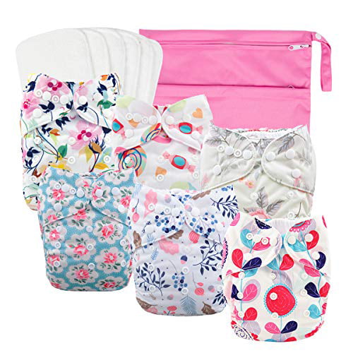 Babygoal Reusable Cloth Diapers for Girls Adjustable Washable Nappy 6pcs 6pcs Microfiber Inserts+One Wet Bag 6YDG08 