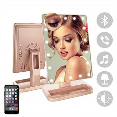 Vanity Mirror Storage FENCHILIN Bluetooth Mirror 20 LED Lights Makeup Mirror with USB Charger Cable,Wireless Audio Speaker & Removable 10X Magnifier,180 Rotation Vanity Mirror with Lights (Rose Gold) ()