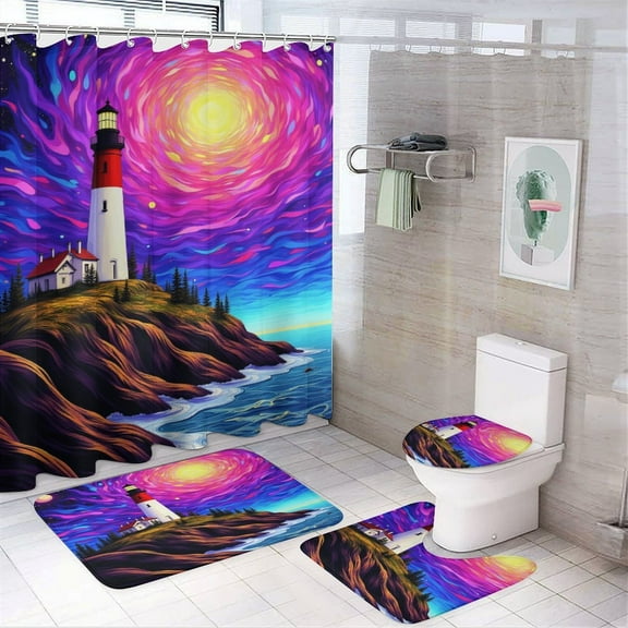 Starry Night Lighthouse Shower Curtain Set Modern Bathroom Decor Mats 4pcs Fabric Bathroom Curtain Slip Floor Rug Toilet Lid