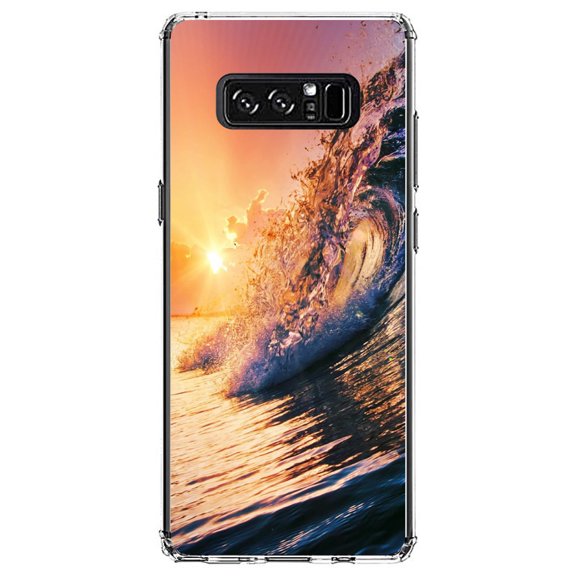 DistinctInk Clear Shockproof Hybrid Case for Samsung Galaxy Note 8 - TPU Bumper, Acrylic Back, Tempered Glass Screen Protector - Ocean Wave Sunset