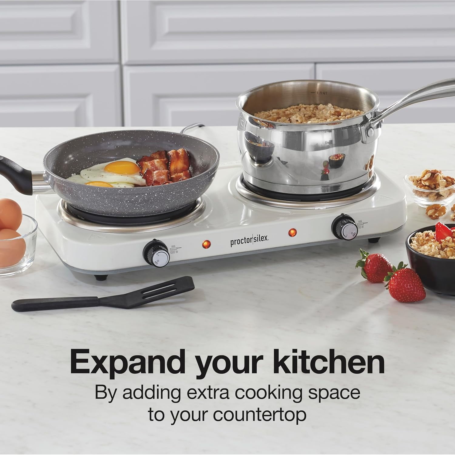Portable Electric Stove, Cast Iron Double Burner Cooktop, Compact, Adjustable Temperature Hot Plate, 1700 , White (34117)