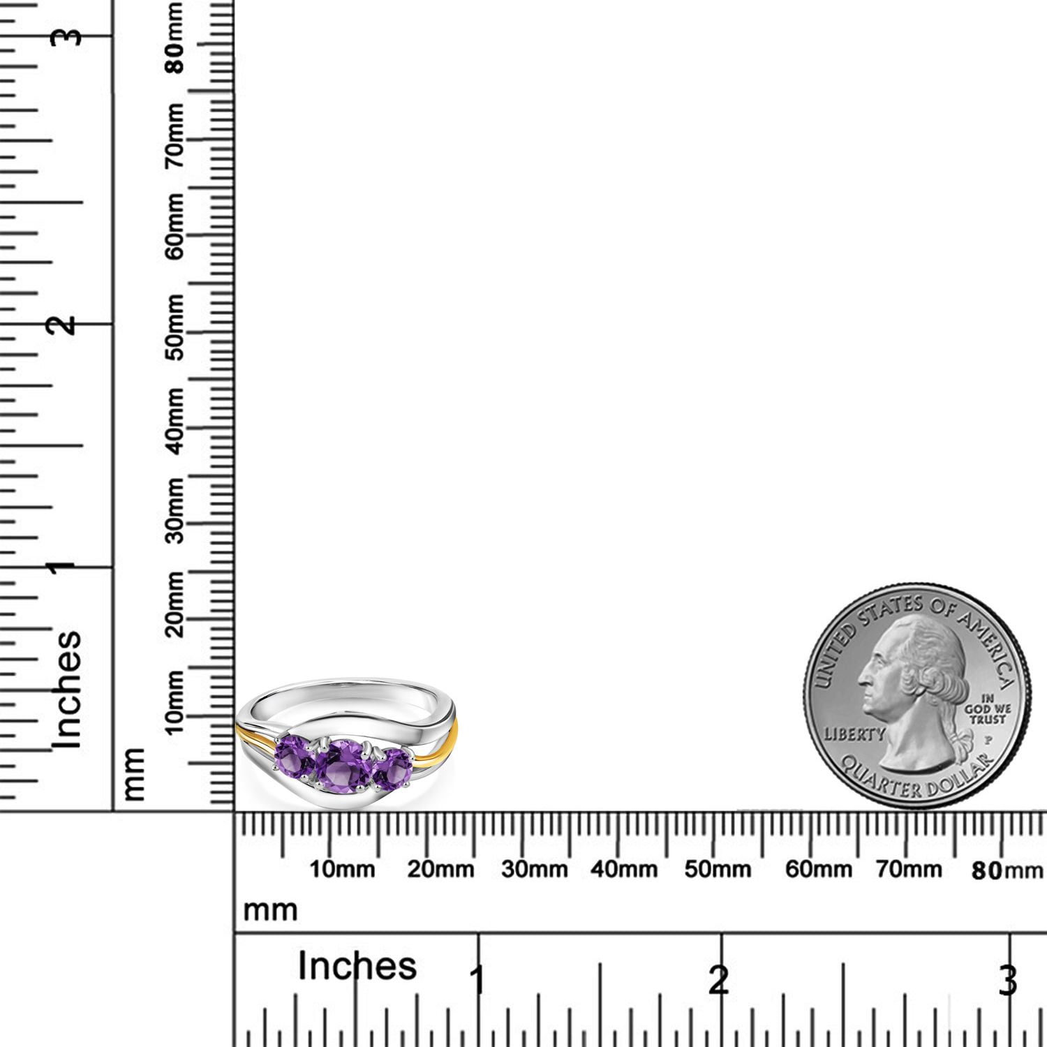 Gem Stone King Purple Amethyst 3 Stone Ring for Women | 925 Sterling Silver and 10K Yellow Gold | 0.98 Cttw | Round 5MM and 4MM | Wedding Engagement Anniversary Promise Ring for Women | Size 7