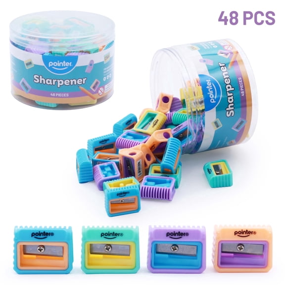 Pointer Manual Handheld Single‑Hole Pencil Sharpeners, Assorted Pastel Colors, 48 Count Jar