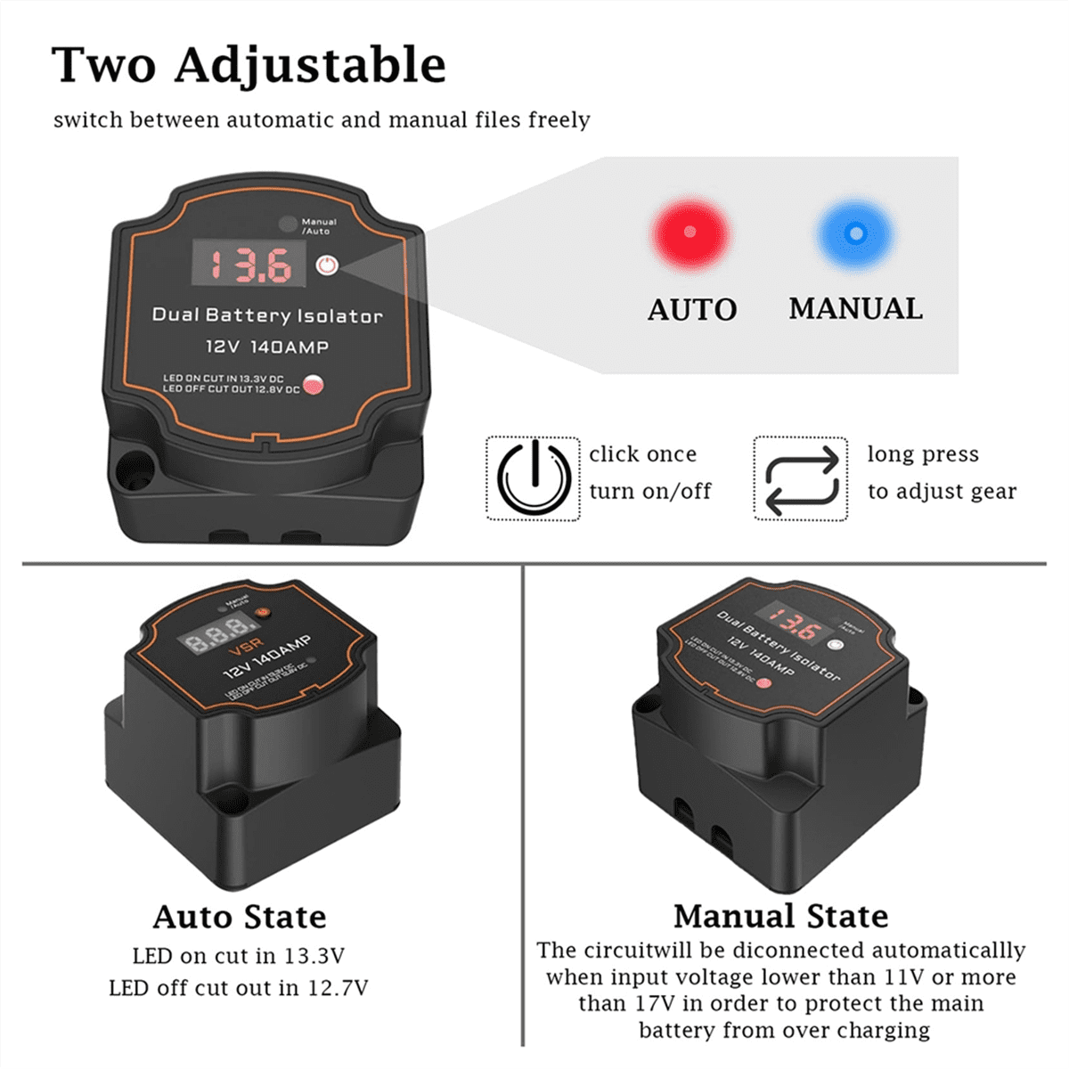 Smart Dual Battery Isolator 12V 140A Digital Voltage Sensitive Relay VSR Split Charge for Campers Car RV Marine Truck