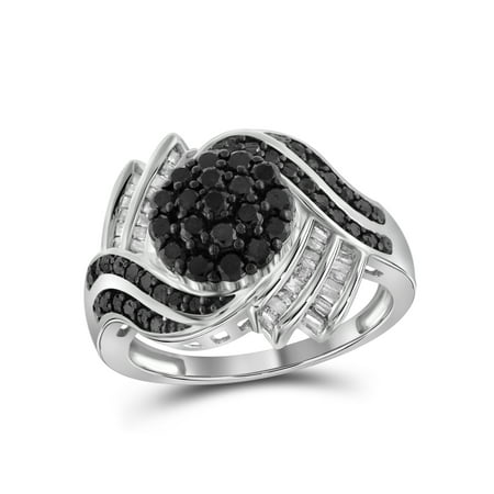 - 1.00 CTW Round & Baguette cut Black & White Diamond Cluster Bypass Sterling Silver Ring