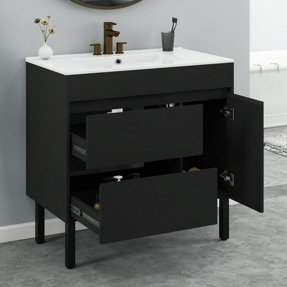 ModFusion 36" Bathroom Vanity Cabinet with Ceramic Basin, Soft-Close Doors Storage & Drawers, Black