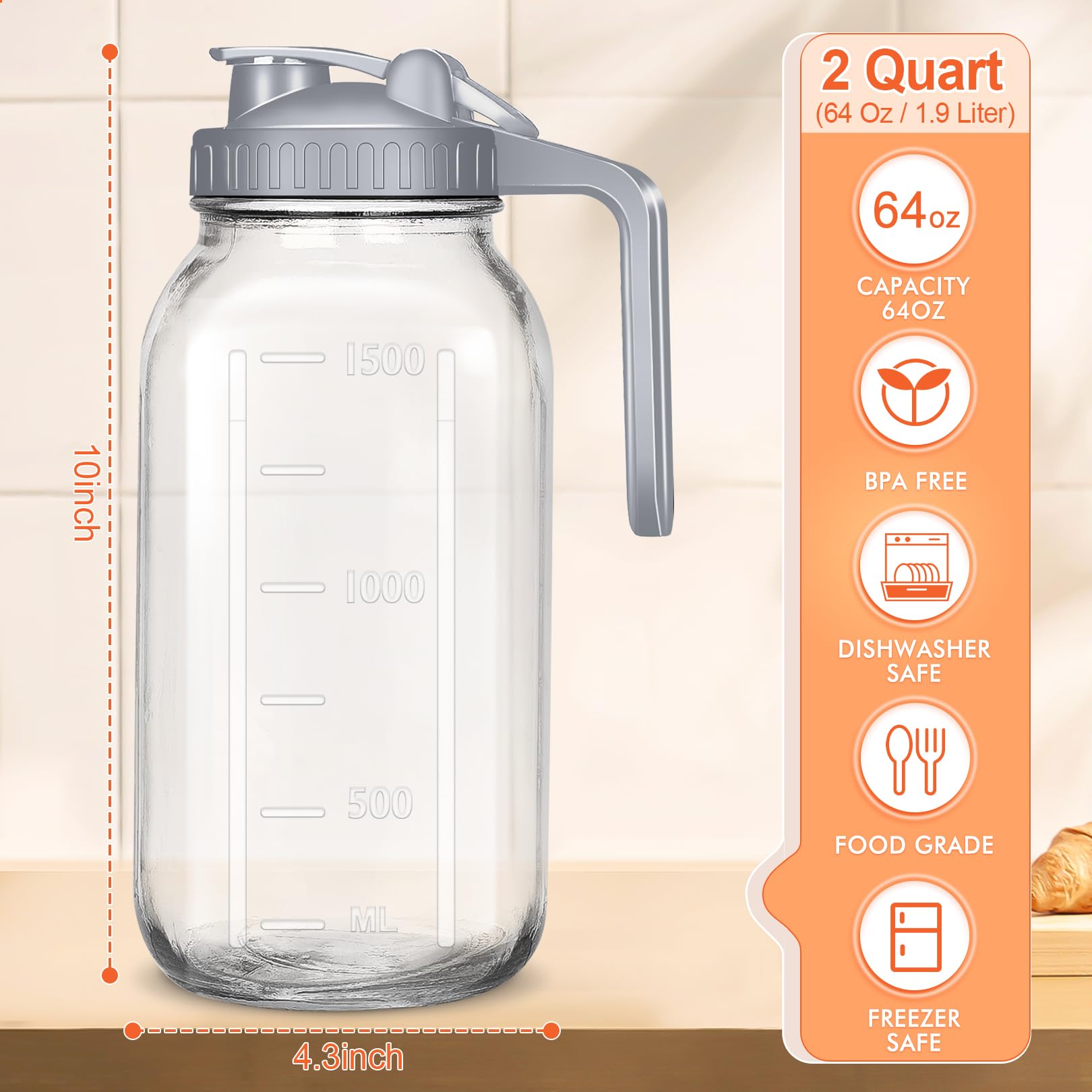 JOGGEIL Glass Pitchers with Lid Set of 2,64OZ Mason Jars with Lid,2 Quart Glass Water Pitcher with Lid,Airtight Seal Wide Mouth Water Jug–Perfect for Cold Brew Coffee,Sun Lemonade, Juice,Milk Gray