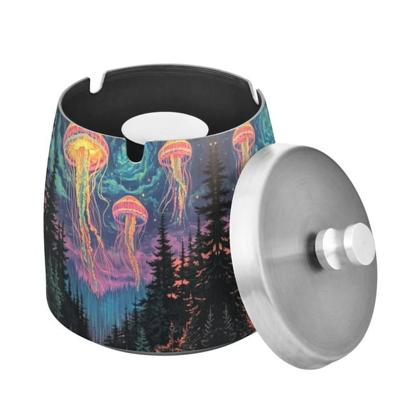 Yayeee Ashtray with Lid for Cigarette Smokeless Stainless Steel Home Ash Holder, Psychedelic Jellyfish