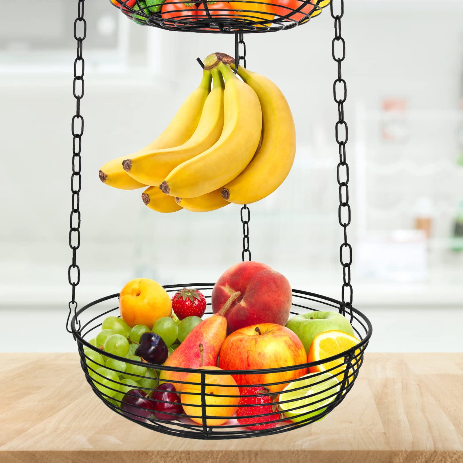 3 Tier Hanging Fruit Basket with Banana Hook, Heavy Duty Wire Hanging Baskets for Kitchen Storage, 36 Inch Hanging Vegetable Produce Basket Organizer (Including Installation Bracket)