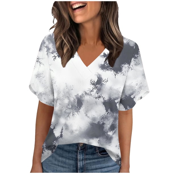 TaTaai Women's Printed V-Neck Top Short Sleeve Ruffle Trim Loose Fit Casual Summer Chic Blouse T-Shirt Daily Work Party Weekend Gift