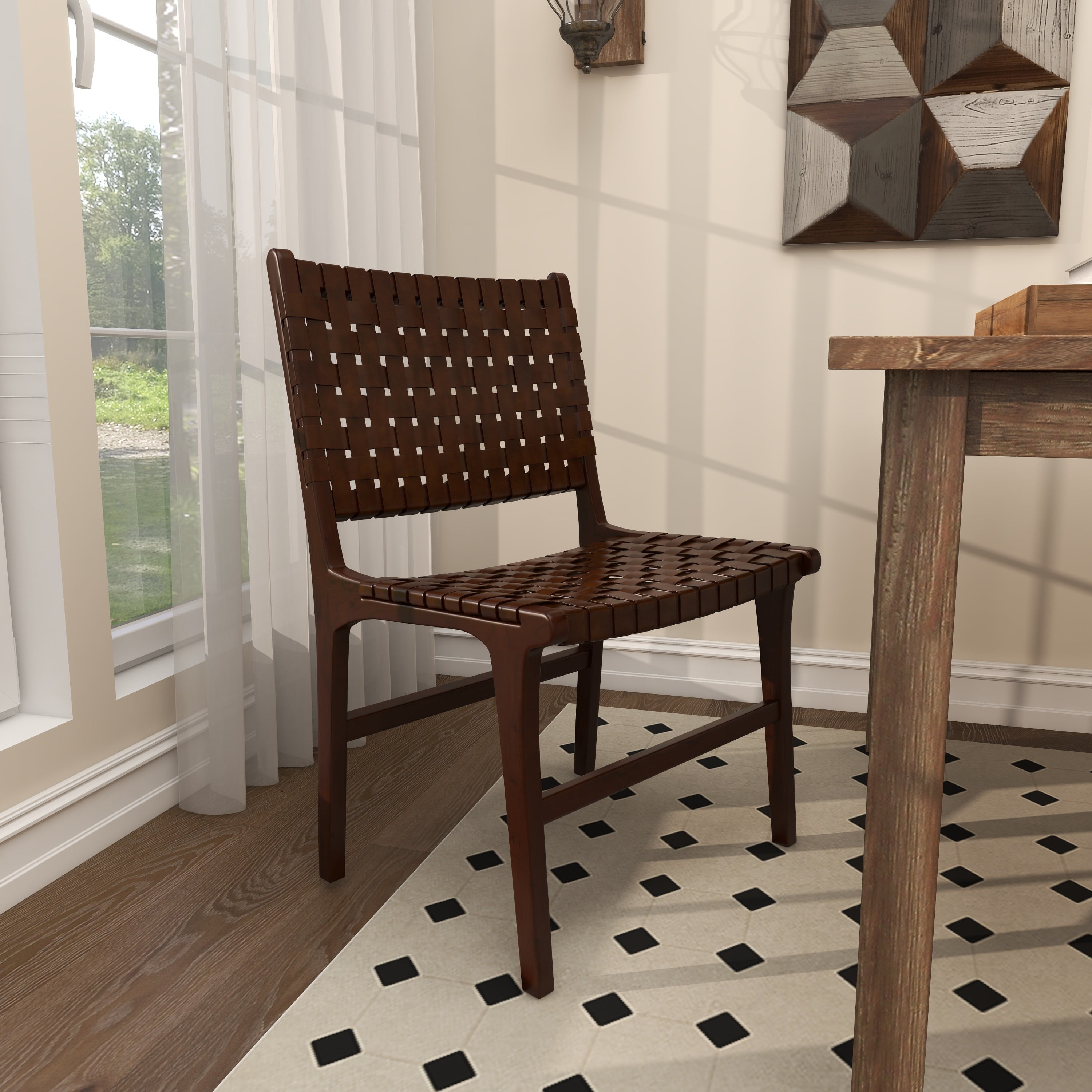 DecMode Leather Handmade Woven Dining Chair with Teak Wood Frame
